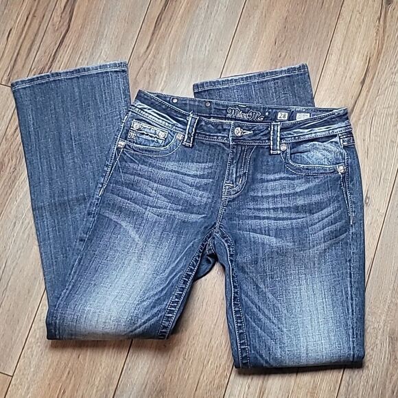 MISS ME BLING RHINESTONES SILVER STUDDED EASY BOOT DENIM JEAN JE53g5EL - Picture 1 of 8